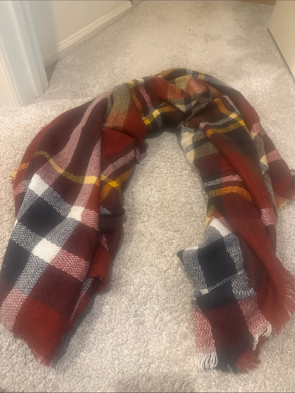 Cozy Plaid Fringe Scarf/wrap in Rust and Black